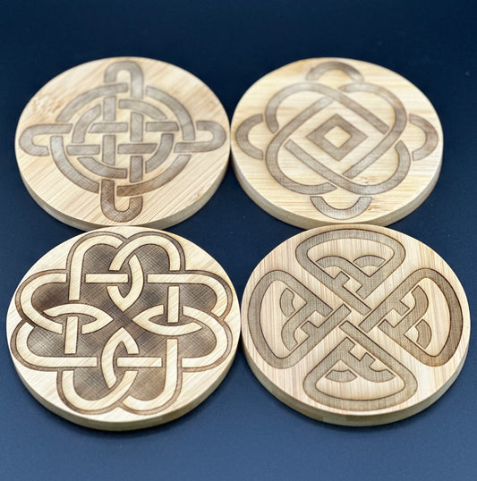 Set of 4 Laser Engraved Bamboo Coasters with Irish/Celtic Designs