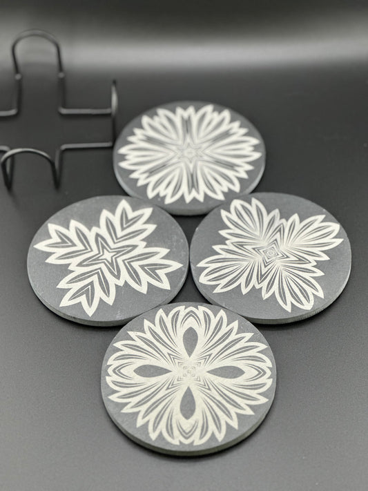 Set of 4 Circular, Laser Engraved Coasters with Beautiful Designs